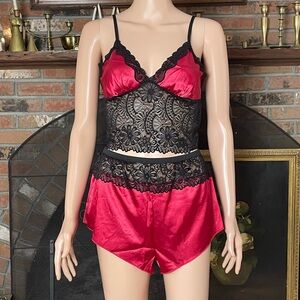 Elegant Black and Red Lace Sleepwear Set